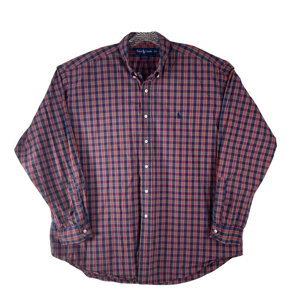 RALPH LAUREN Holiday Red‎ Navy Plaid Long Sleeve Button Down Size XL